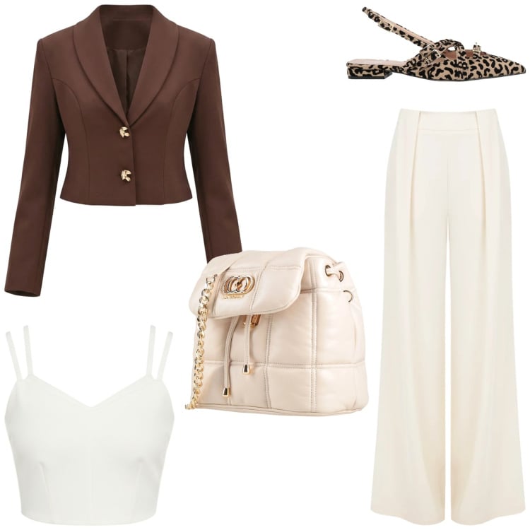 Outfit donna - Dettagli animalier. Stile Chic per Tutti i giorni. Abbinamento con valigie, ballerine, blazer, pantaloni a palazzo, top.