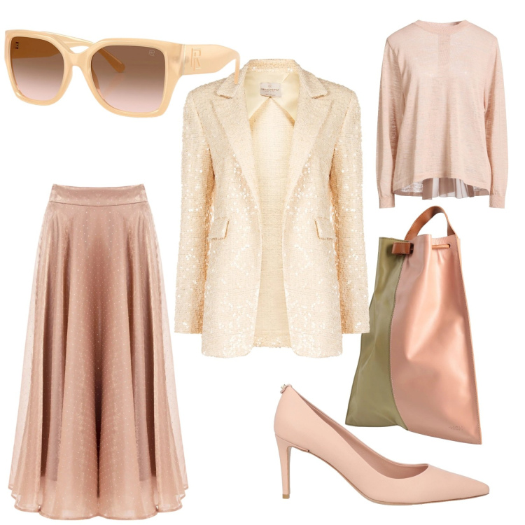 Outfit donna - Colori chiari. per Ufficio. Abbinamento con décolleté, pullovers, zaini, gonne longuette, blazer, occhiali da sole.