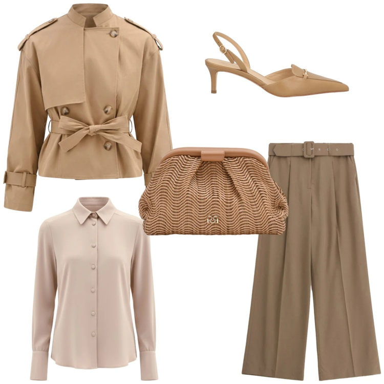 Outfit donna - Il trench si rinnova. Stile Chic per Tutti i giorni. Abbinamento con décolleté, pantaloni a palazzo, pochette, camicie, caban.