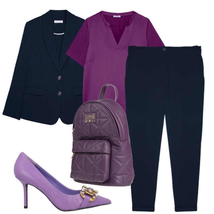 Outfit donna - In ufficio con stile nei toni del color. Stile Basic per Ufficio. Abbinamento con décolleté, zaini, pantaloni, blazer, t-shirt.