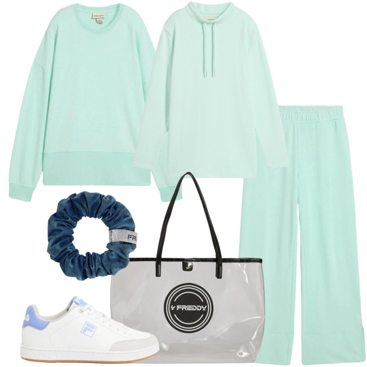 Outfit donna - Total look #2372196. Stile Sporty chic per Sport. Abbinamento con pantaloni, felpe, sneakers, felpe, shopping bag, accessori per capelli.
