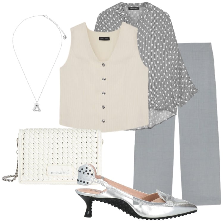 Outfit donna - Grigio perla. Stile Bon Ton per Ufficio. Abbinamento con décolleté, camicie, pantaloni, gilet, borse a tracolla, ciondoli.