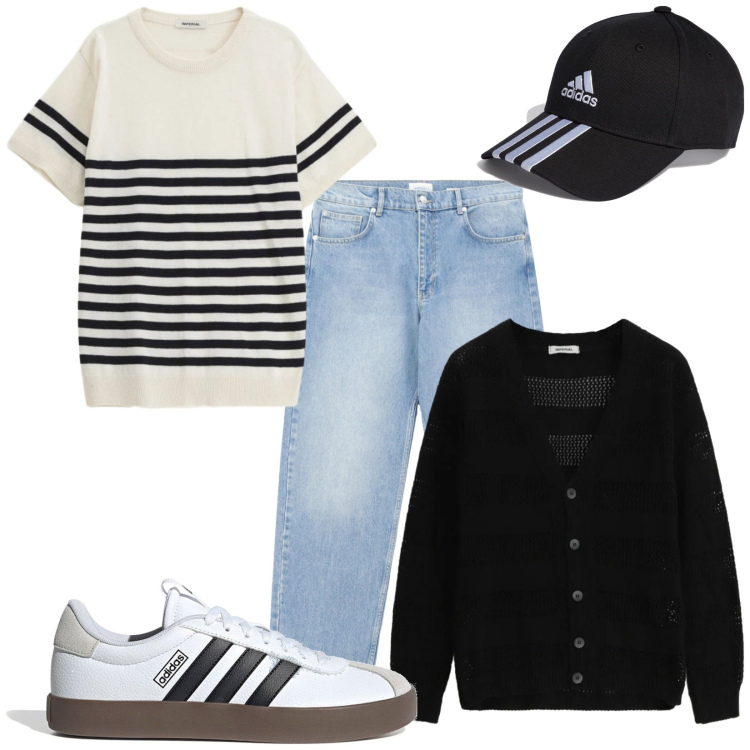 Outfit uomo - College. Stile Urban per Tutti i giorni. Abbinamento con cardigans, maglieria, jeans, cappelli con visiera, sneakers.