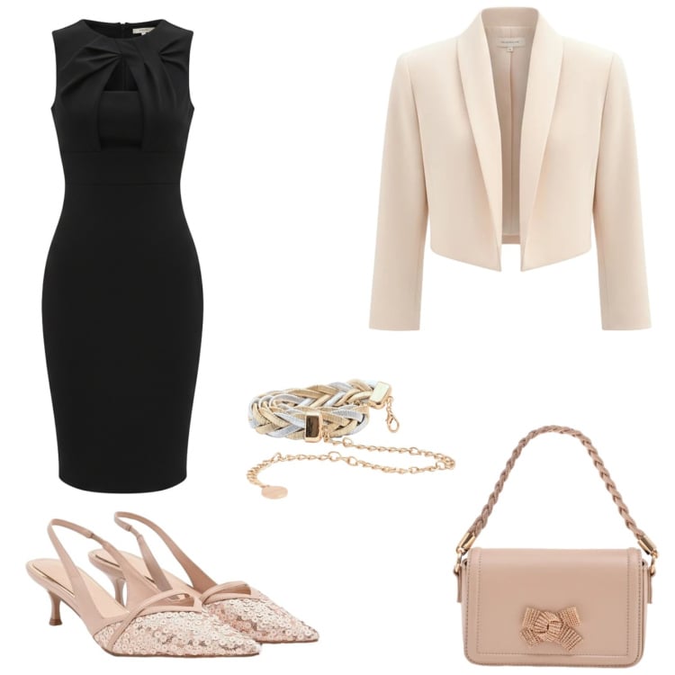 Outfit donna - Serata indimenticabile. Stile Casual chic per Serata fuori. Abbinamento con vestiti a tubino, décolleté, pochette, cinture, bolero.