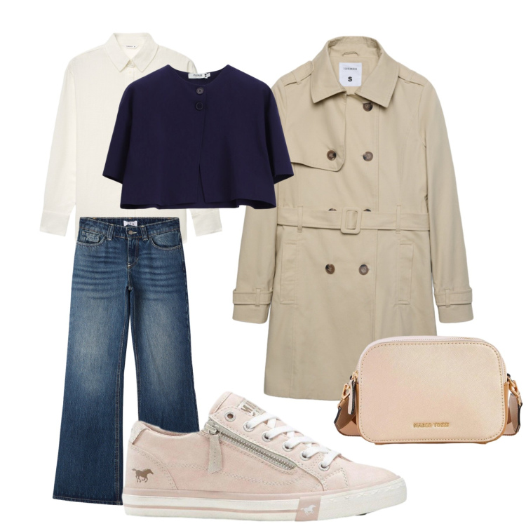 Outfit donna - domenica. Stile Basic per Tutti i giorni. Abbinamento con borse a tracolla, sneakers, trench, jeans, camicie, cappotti.