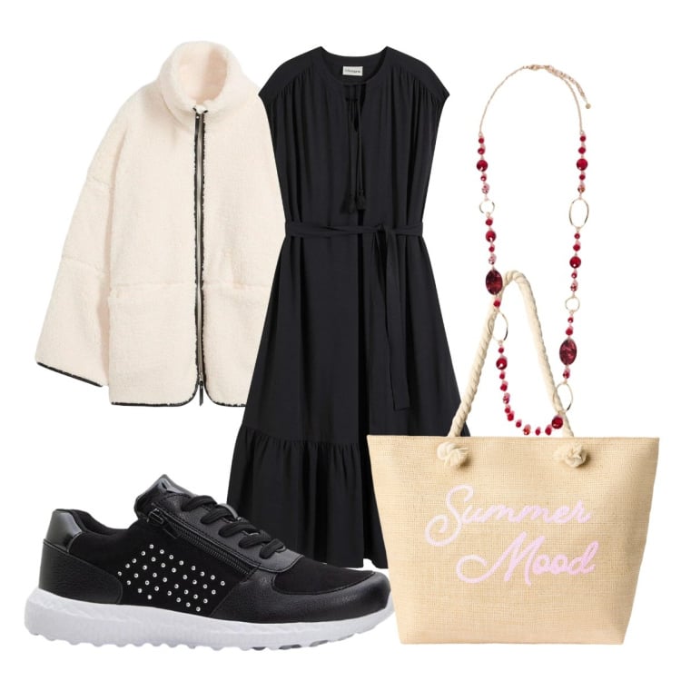 Outfit donna - Vado a prendere il mio nipotino. Stile Casual chic per Tutti i giorni. Abbinamento con vestiti chemisier, blazer, sneakers, borse tote, collane.