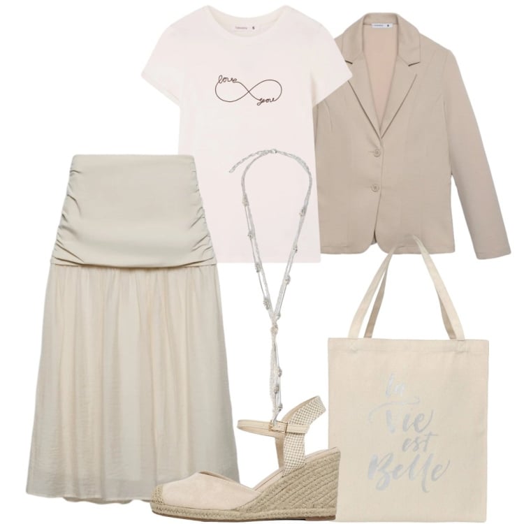 Outfit donna - Total look #2372206. Stile Romantica per Tutti i giorni. Abbinamento con borse tote, t-shirt, blazer, gonne longuette, zeppe, collane.