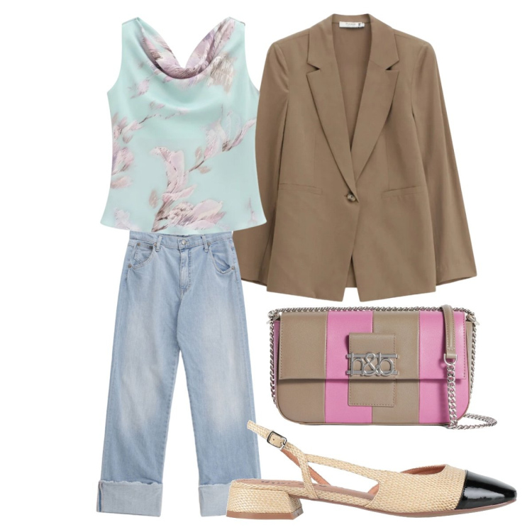 Outfit donna - Colori primaverili. Stile Vintage retrò per Ufficio. Abbinamento con ballerine, jeans dritti, blazer, borse a spalla, top.