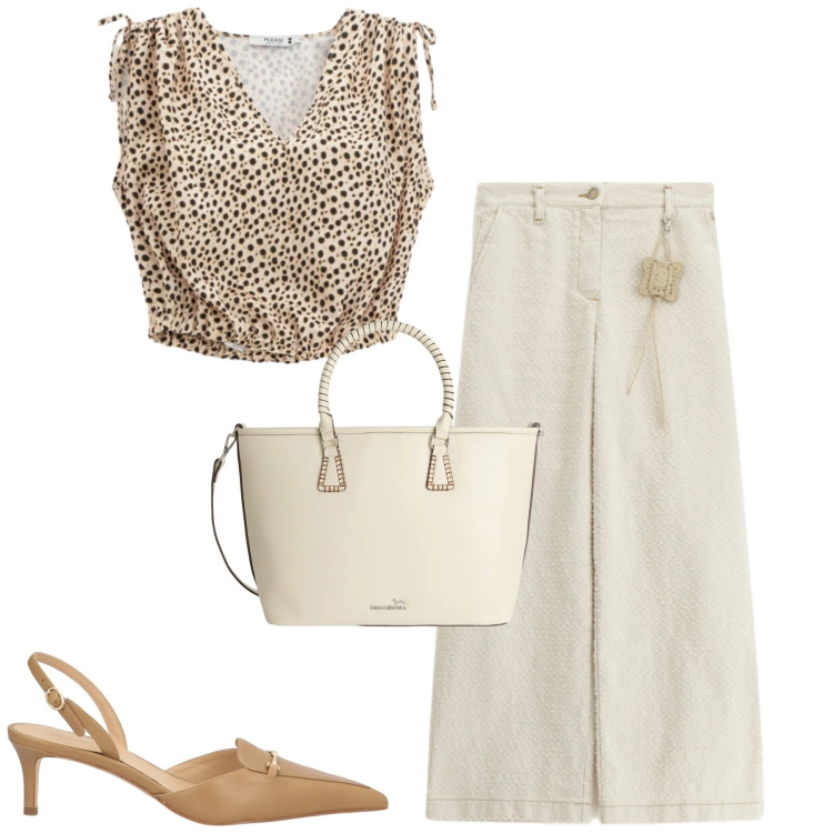 Outfit donna - City. Stile Romantica per Tutti i giorni. Abbinamento con décolleté, shopping bag, pantaloni a palazzo, top.