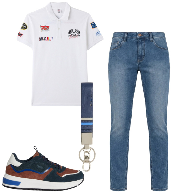 Outfit uomo - City. Stile Casual per Tutti i giorni. Abbinamento con portachiavi, jeans, sneakers, polo.