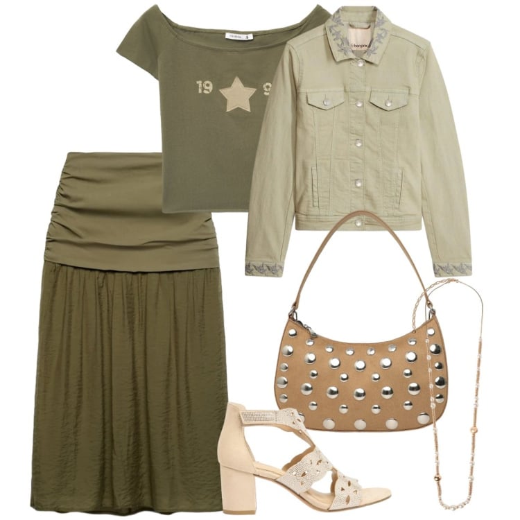 Outfit donna - Boho-military. Stile Boho per Tutti i giorni. Abbinamento con cappotti, sandali col tacco, collane, gonne longuette, borse a tracolla, t-shirt.