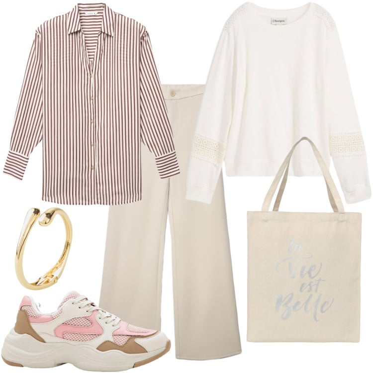 Outfit donna - Comoda camicia oversize. Stile Casual per Tutti i giorni. Abbinamento con sneakers, braccialetti, felpe, borse tote, camicie, pantaloni.