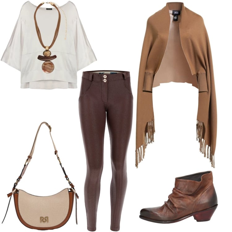 Outfit donna - Etnica. Stile Etnico per Tutti i giorni. Abbinamento con cappe, stivaletti texani, borse a tracolla, ciondoli, bluse, pantaloni skinny.
