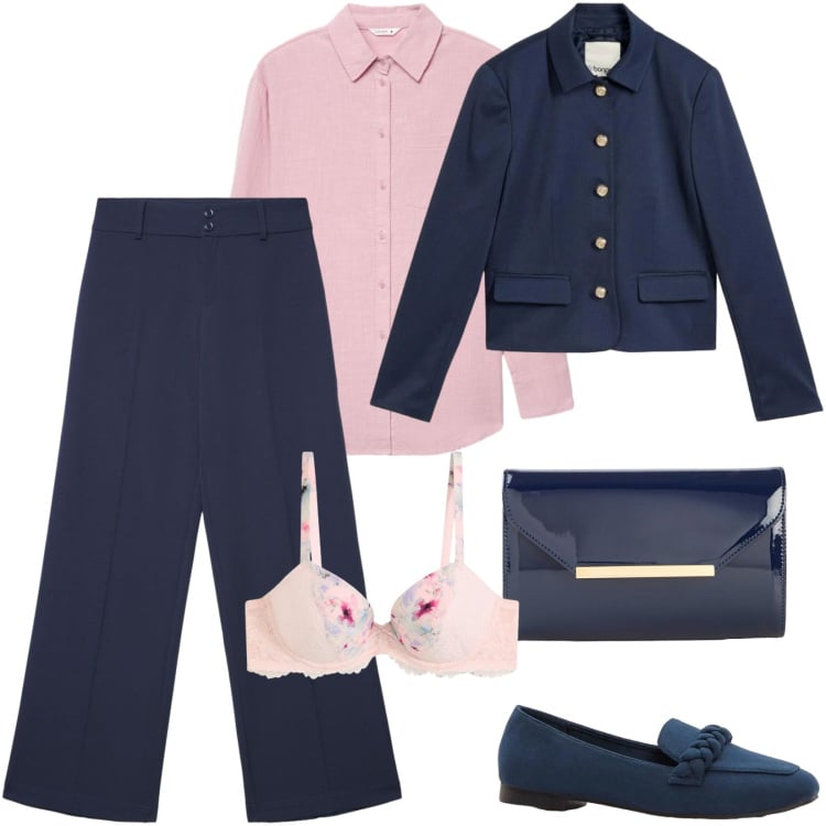 Outfit donna - Il blazer raffinato per l\'ufficio. Stile Casual per Ufficio. Abbinamento con reggiseni, blazer, mocassini, pochette, camicie, pantaloni.
