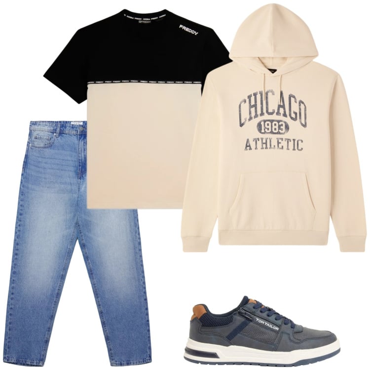 Outfit uomo - Total look #2372226. Stile Casual per Tutti i giorni. Abbinamento con sneakers, t-shirt, felpe con cappuccio, jeans.