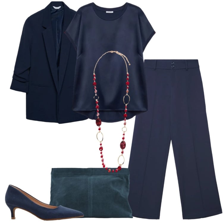 Outfit donna - Ufficio-serata. Stile Casual chic per Ufficio. Abbinamento con décolleté, bluse, collane, pantaloni, blazer, pochette.