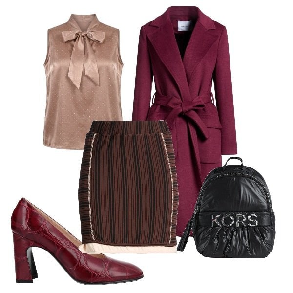 Outfit donna - 31 marzo. Stile Bon Ton per Ufficio. Abbinamento con décolleté, cappotti, zaini, minigonne, canottiere.