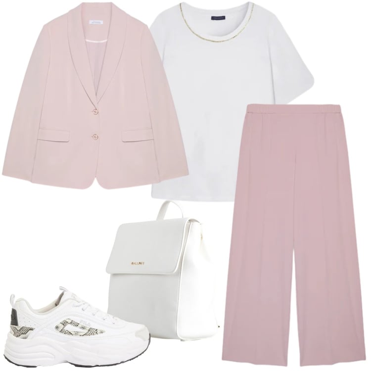 Outfit donna - Total look #2372231. Stile Sporty chic per Tutti i giorni. Abbinamento con zaini, sneakers, pantaloni, blazer, t-shirt.