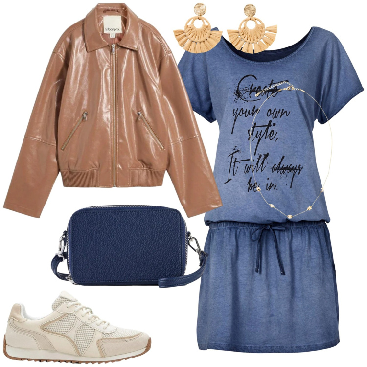 Outfit donna - Casual di primavera. Stile Casual per Tutti i giorni. Abbinamento con vestiti corti, cappotti, sneakers alte, borse a tracolla, collane, orecchini.