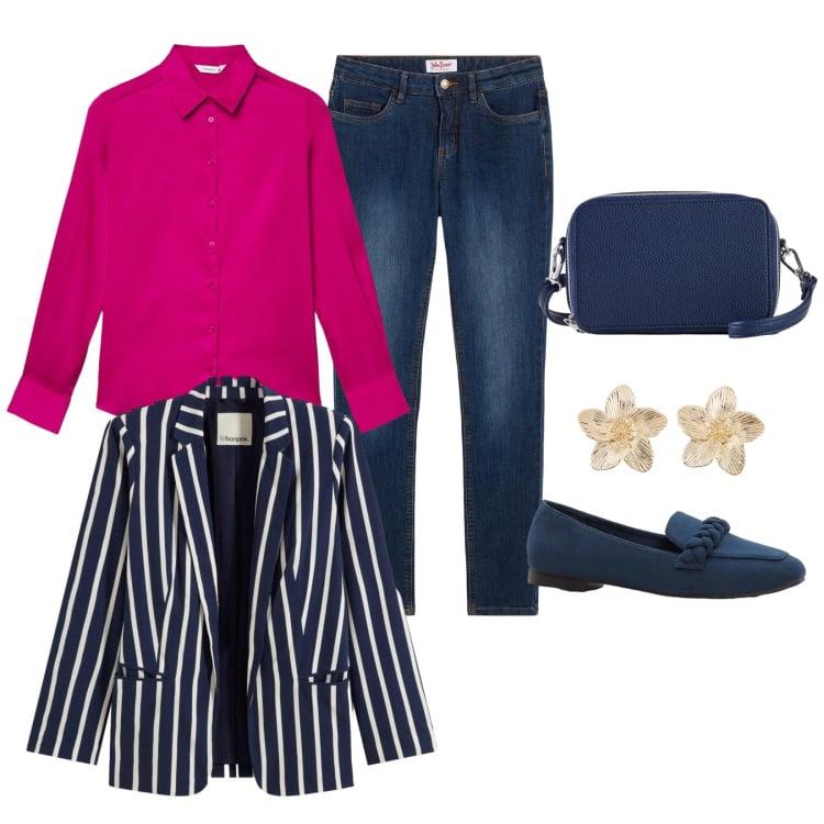 Outfit donna - Total look #2372236. Stile Urban per Serata fuori. Abbinamento con jeans skinny, blazer, mocassini, borse a tracolla, orecchini, camicie.