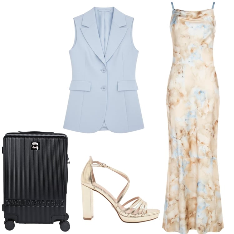Outfit donna - Un look per cerimonia. Stile Glamour per Cerimonia. Abbinamento con valigie, vestiti lunghi, sandali col tacco, gilet.