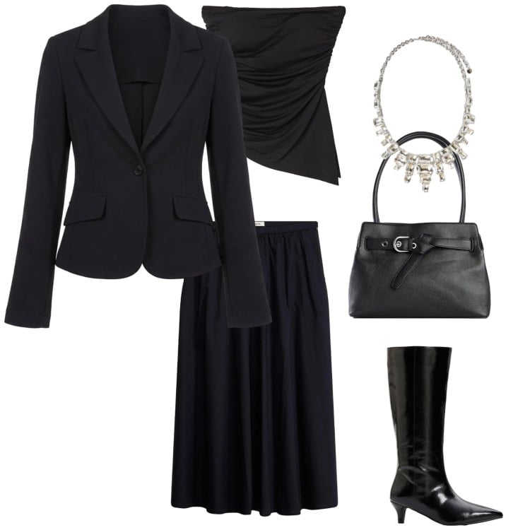 Outfit donna - Total look #2372239. Stile Rock per Serata fuori. Abbinamento con stivali, borse a mano, gonne longuette, top, blazer, collane.