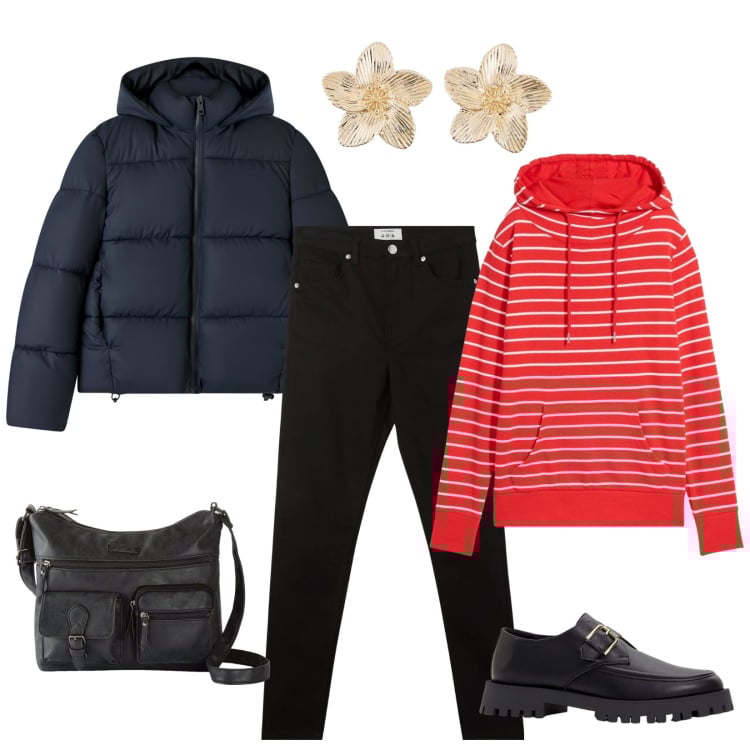 Outfit donna - Total look #2372246. Stile Casual chic per Scuola/Università. Abbinamento con borse a tracolla, mocassini, orecchini, felpe con cappuccio, pantaloni skinny, bomber.