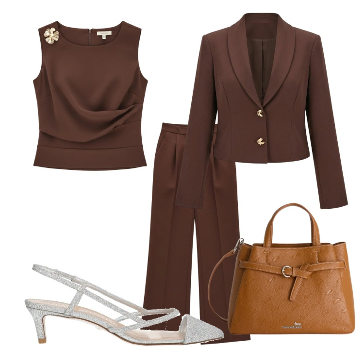 Outfit donna - Incontro formale curvy. Stile Mannish per Cerimonia. Abbinamento con décolleté, borse a mano, top, blazer, pantaloni a palazzo.