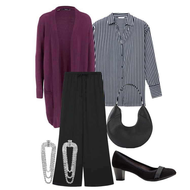 Outfit donna - Total look #2372250. Stile Sporty chic per Serata fuori. Abbinamento con décolleté, cardigans, borse a mano, orecchini, camicie, pantaloni.