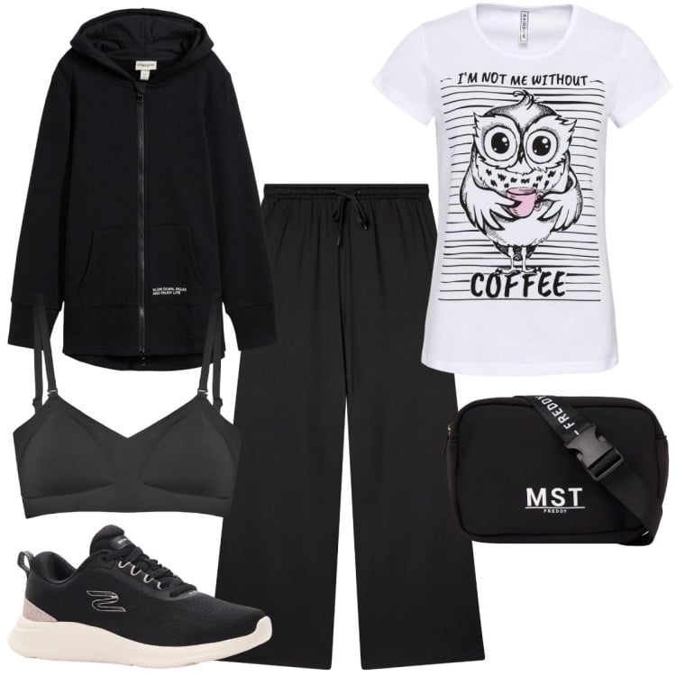 Outfit donna - La maglietta porta fortuna. Stile Basic per Sport. Abbinamento con t-shirt sportive, sneakers, felpe con cappuccio, borse sportive, pantaloni, reggiseni.