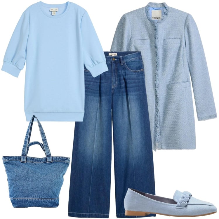 Outfit donna - Blazer lungo in bouclé. Stile Casual per Ufficio. Abbinamento con jeans, mocassini, blazer, felpe, shopping bag.