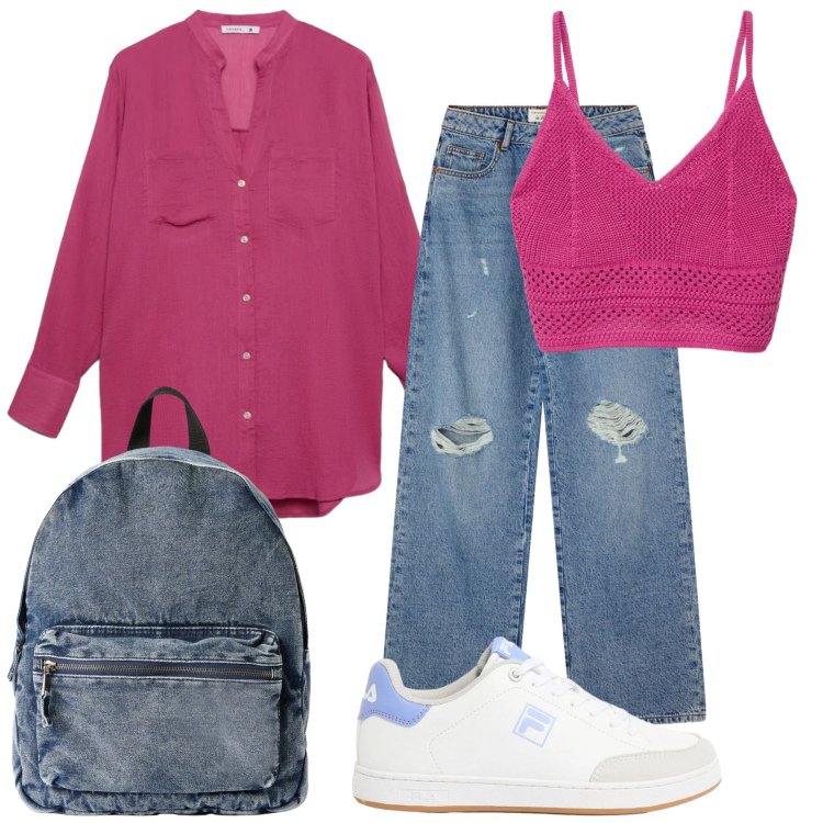 Outfit donna - Top a sorpresa. Stile Casual chic per Tutti i giorni. Abbinamento con sneakers, camicie, top, zaini, jeans strappati.