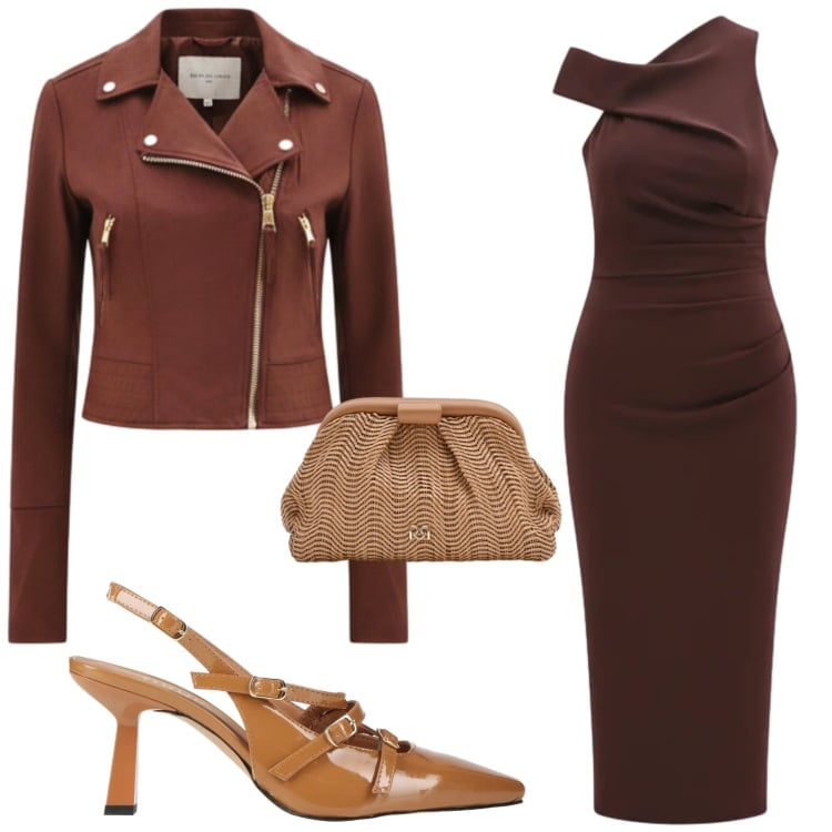 Outfit donna - Brown. Stile Sexy per Serata fuori. Abbinamento con décolleté, vestiti asimmetrici, pochette, giacche.