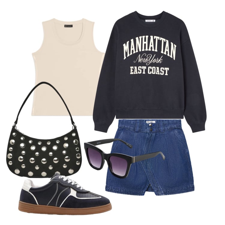 Outfit donna - Marzo. Stile Sporty chic per Tutti i giorni. Abbinamento con sneakers, occhiali da sole, canottiere, felpe, minigonne, borse a tracolla.