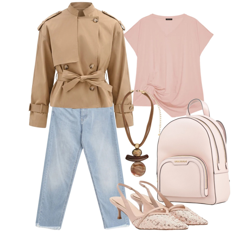 Outfit donna - Marzo. Stile Casual chic per Tutti i giorni. Abbinamento con zaini, ciondoli, t-shirt, jeans, caban, décolleté.