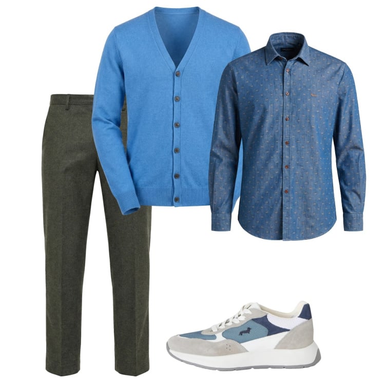 Outfit uomo - Azzurro. Stile Casual per Tutti i giorni. Abbinamento con sneakers, camicie, pantaloni chino, cardigans.