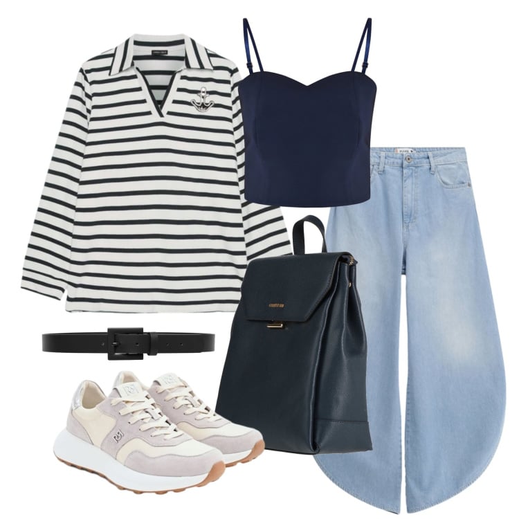 Outfit donna - Marzo. Stile Casual per Tutti i giorni. Abbinamento con zaini, polo, top, cinture, sneakers, jeans.
