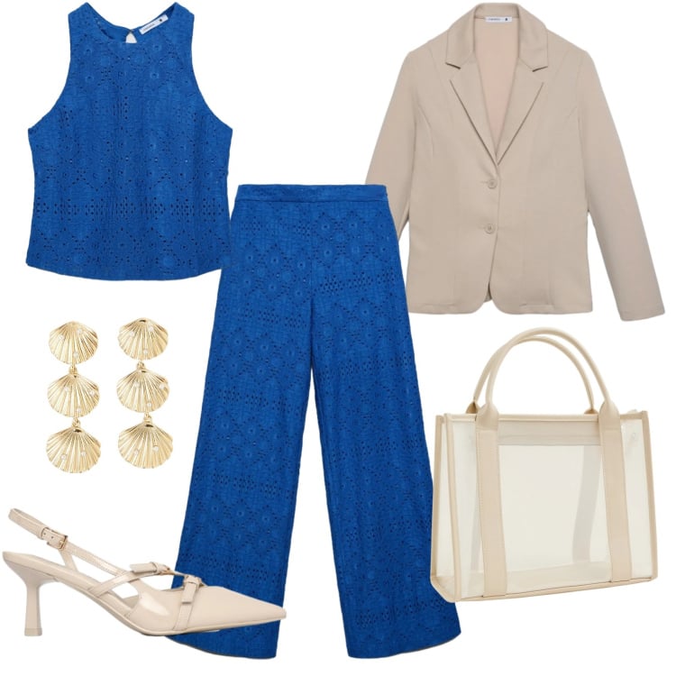 Outfit donna - Rinfresco in ufficio. Stile Casual chic per Ufficio. Abbinamento con pantaloni, top, borse tote, orecchini, décolleté, blazer.
