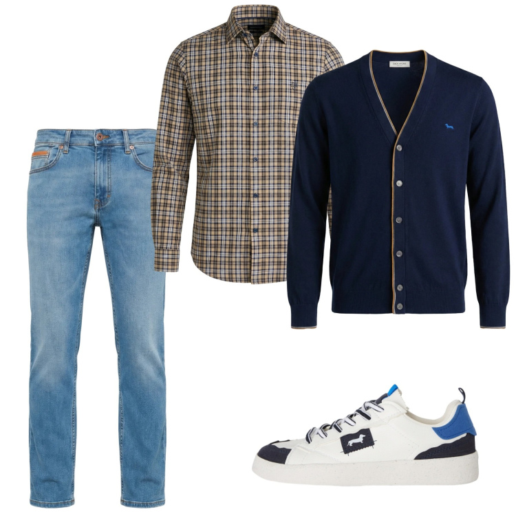 Outfit uomo - Primavera. Stile Casual per Tutti i giorni. Abbinamento con sneakers, camicie, cardigans, jeans.