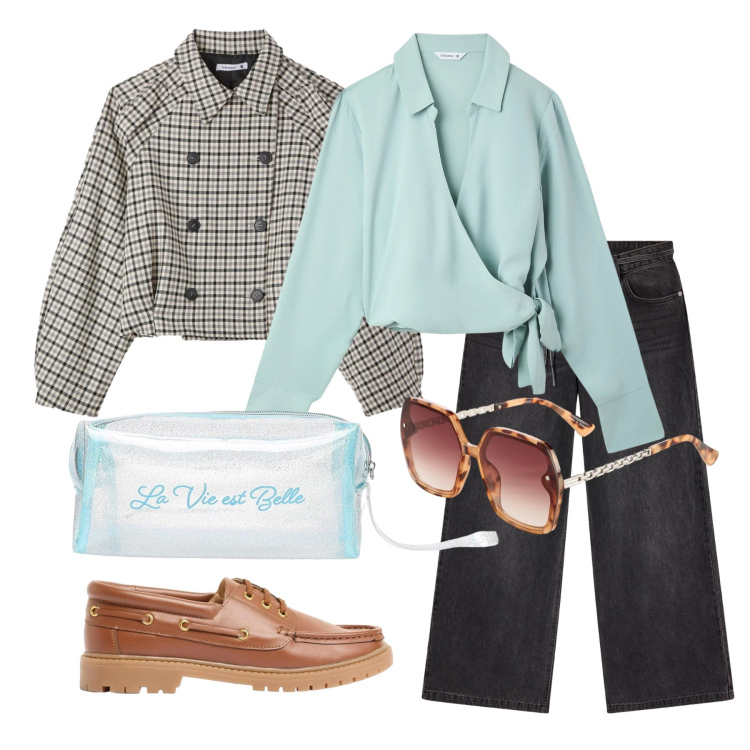 Outfit donna - Marzo. Stile Casual chic per Tutti i giorni. Abbinamento con occhiali da sole, mocassini, valigie, camicie, jeans, caban.