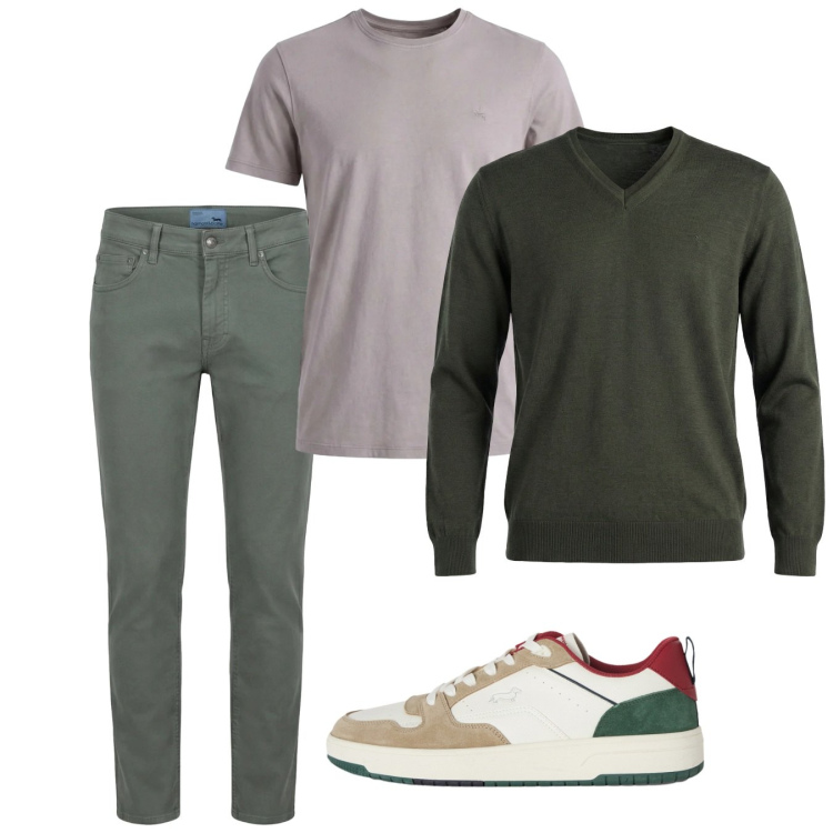 Outfit uomo - Stile smart casual di primavera. Stile Casual per Tutti i giorni. Abbinamento con sneakers, pantaloni, pullovers, t-shirt.