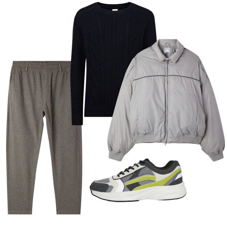 Outfit uomo - Stile smart casual di primavera. Stile Casual per Tutti i giorni. Abbinamento con maglieria, pantaloni, sneakers, bomber.