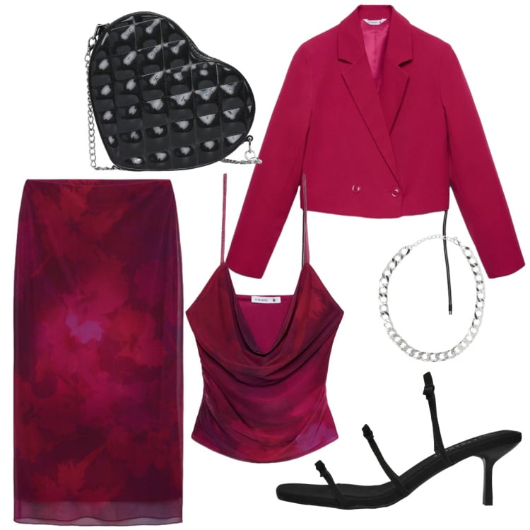 Outfit donna - Un appuntamento elegante. Stile Chic per Serata fuori. Abbinamento con collane, blazer, borse a tracolla, sandali col tacco, top, gonne longuette.