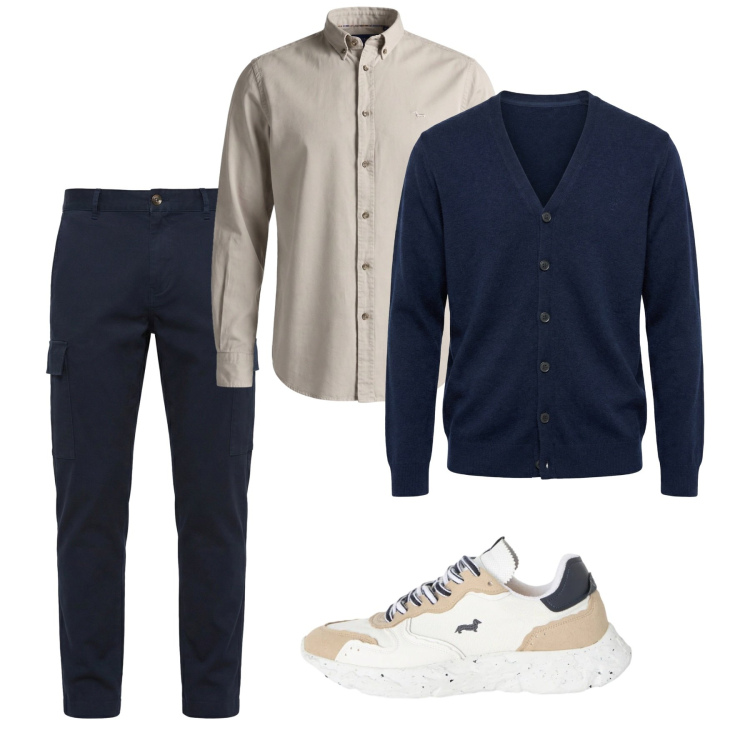 Outfit uomo - Marzo. Stile Casual per Tutti i giorni. Abbinamento con sneakers, pantaloni cargo, cardigans, camicie.