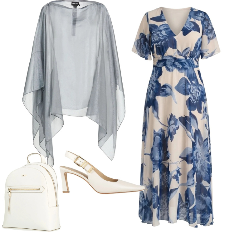 Outfit donna - Eleganza in floreale. Stile Chic per Cerimonia. Abbinamento con cappotti, décolleté, zaini, vestiti lunghi.