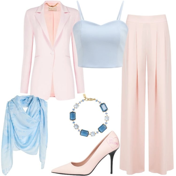 Outfit donna - Classy and fabulous. Stile Chic per Cerimonia. Abbinamento con sciarpe, décolleté, pantaloni a palazzo, blazer, top, braccialetti.