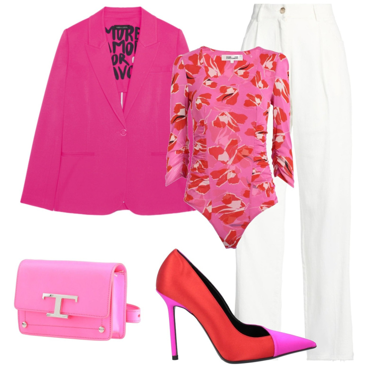 Outfit donna - Fucsia moment. Stile Glamour per Serata fuori. Abbinamento con pantaloni, décolleté, body, marsupi, blazer.