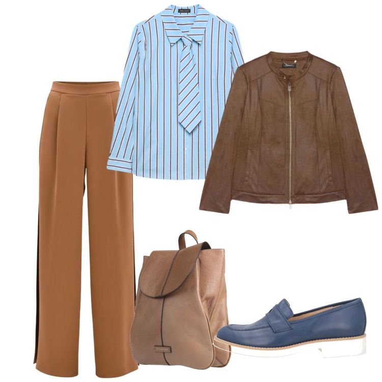 Outfit donna - In cravatta. Stile Bon Ton per Ufficio. Abbinamento con mocassini, zaini, camicie, blazer, pantaloni a palazzo.