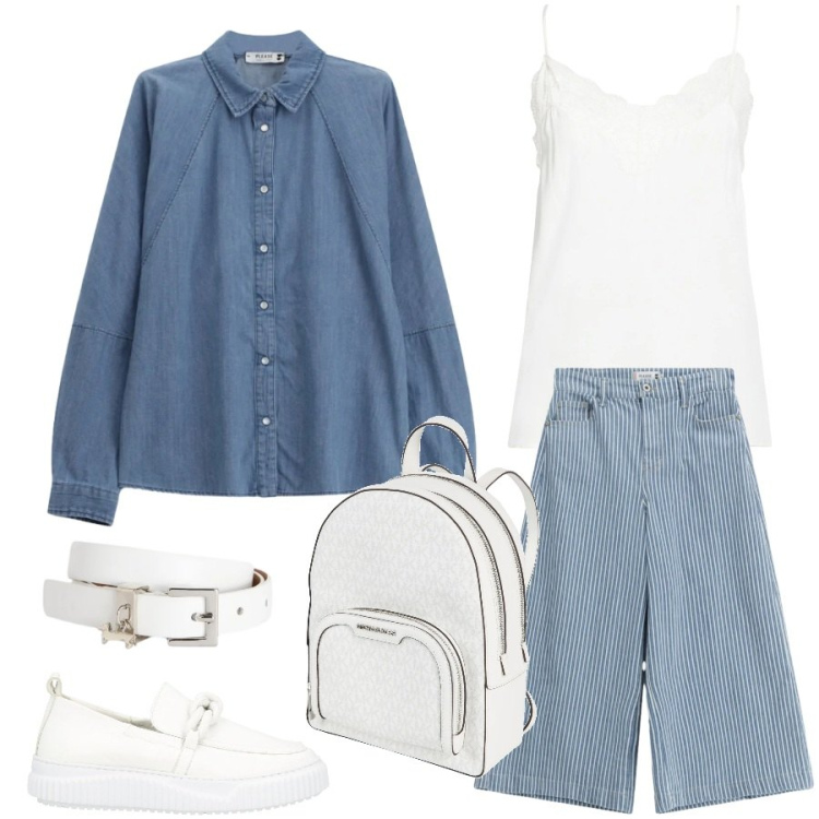 Outfit donna - Bianco e denim. Stile Casual per Tutti i giorni. Abbinamento con mocassini, top, zaini, cinture, camicie, jeans.