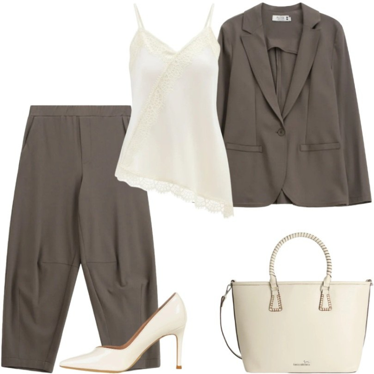 Outfit donna - Look trendy con un tocco rilassato. Stile Trendy per Tutti i giorni. Abbinamento con blazer, pantaloni a palazzo, shopping bag, canottiere, décolleté.